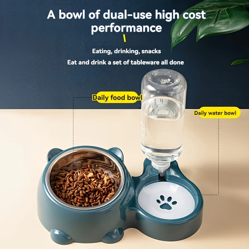 2-in-1 Automatic Pet Feeder & Water Dispenser, Stainless Steel & Plastic, Non-Slip Base, Dual Bowls with Paw Print Design for Cats and Small Dogs, No Batteries or Power Needed, Dog Feeder And Water Dispenser